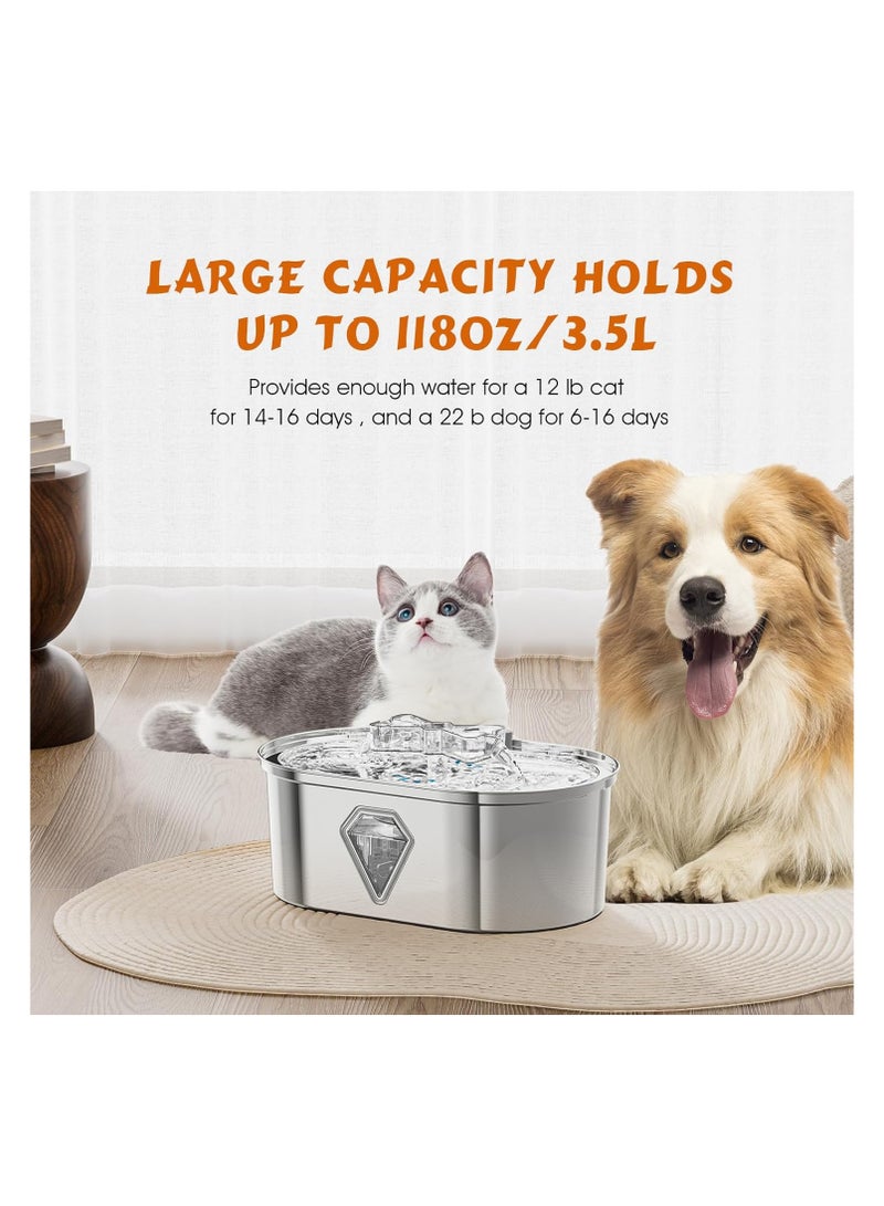 Stainless Steel Pet Water Fountain, Dog Water Fountain, 118oz/3.5L Automatic Cat Water Fountain Dishwasher Safe, Large Pet Water Fountain, with Quiet Pump, Water Level Window Pet Fountain Indoor - Image 2